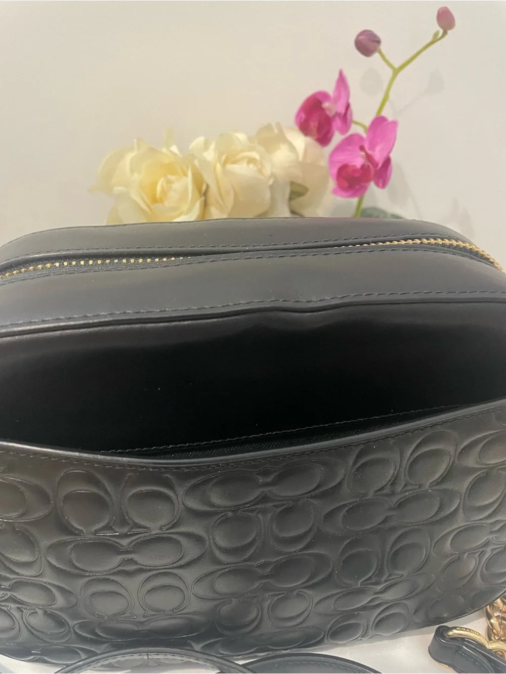 Coach Black Embossed Leather Camera Crossbody with Gold Chain